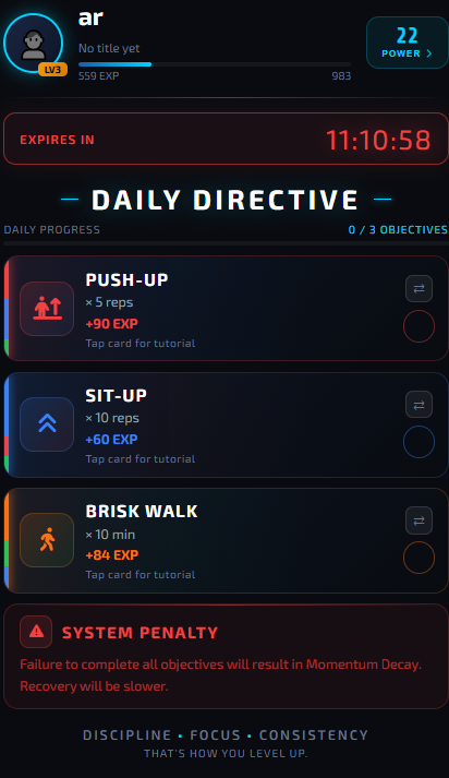 Body OS daily directive screen showing push-up, sit-up and brisk walk objectives with a countdown timer